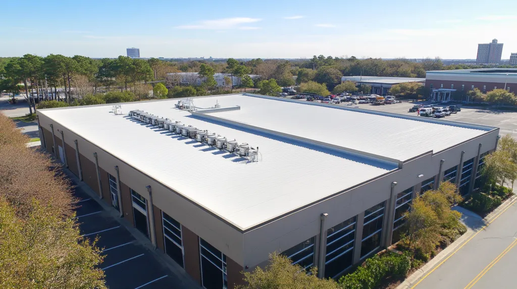 A commercial roof on a manufacturing plant in a location similar to Charleston with an urban context aesthetic (AI image)