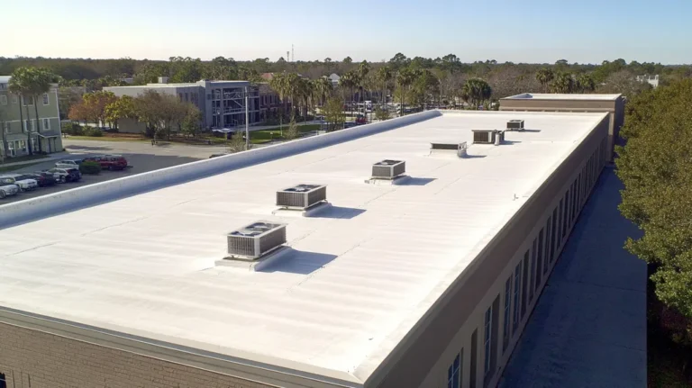 A commercial roof on a manufacturing plant in a location similar to Charleston with an urban context aesthetic (AI image)