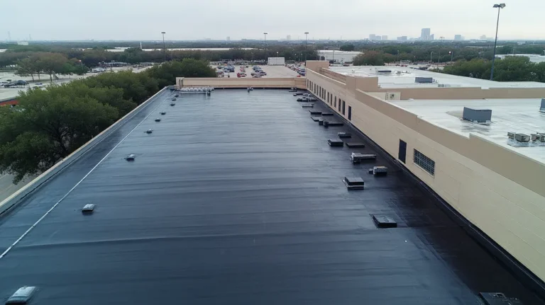 A commercial roof on a manufacturing plant in a location similar to Dallas with a rainy day aesthetic (AI image)