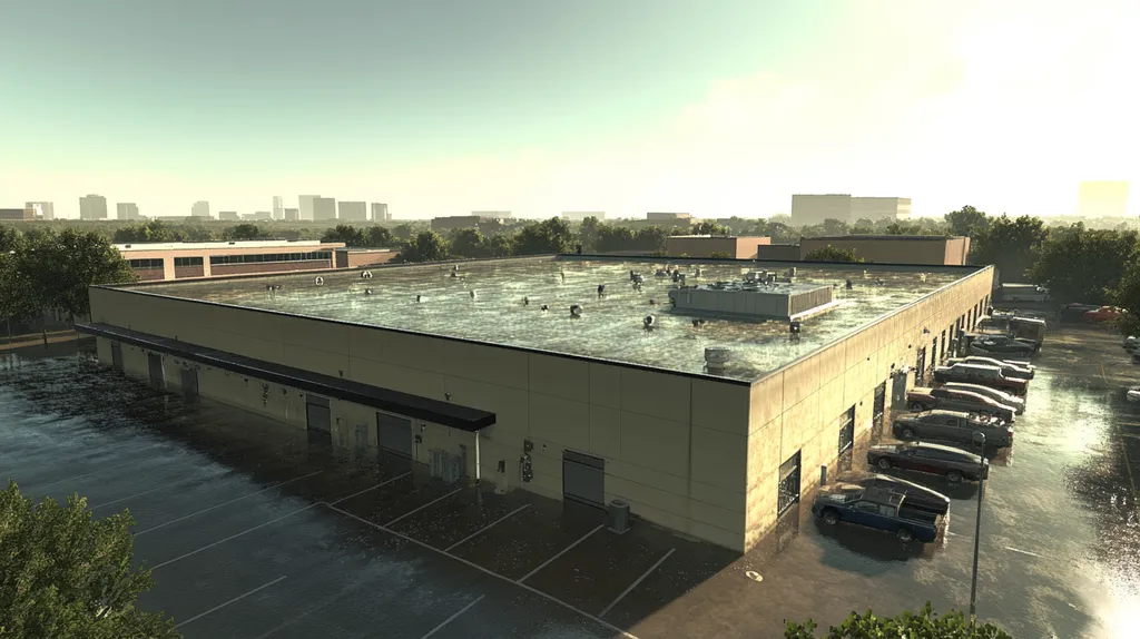 A commercial roof on a manufacturing plant in a location similar to Dallas with a rainy day aesthetic (AI image)