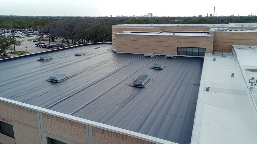 A commercial roof on a manufacturing plant in a location similar to Dallas with a rainy day aesthetic (AI image)