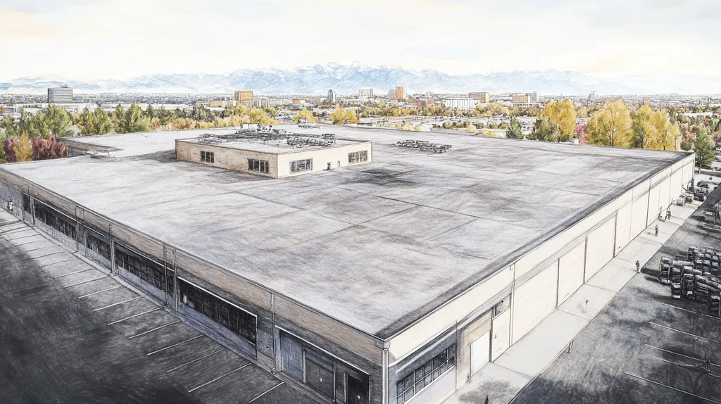 A commercial roof on a manufacturing plant in a location similar to Denver with a charcoal sketch aesthetic (AI image)