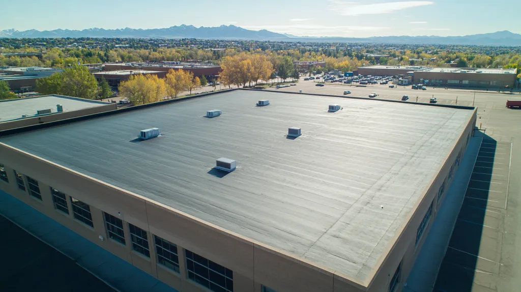 A commercial roof on a manufacturing plant in a location similar to Denver with a cross-processed look aesthetic (AI image)