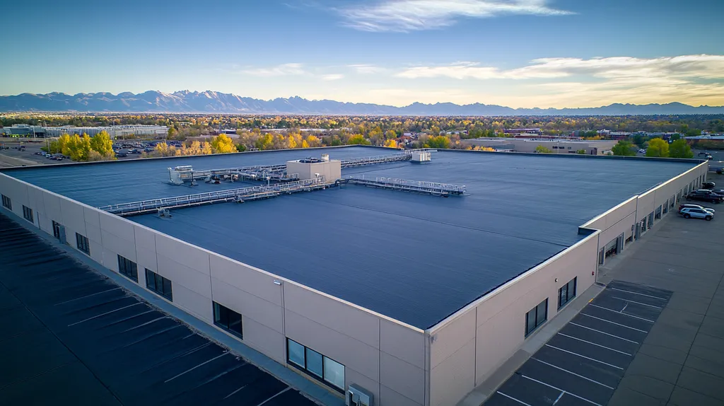 A commercial roof on a manufacturing plant in a location similar to Denver with a cross-processed look aesthetic (AI image)