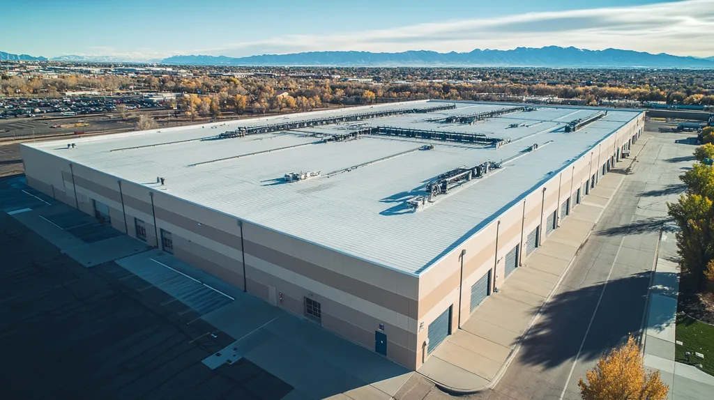 A commercial roof on a manufacturing plant in a location similar to Denver with a cross-processed look aesthetic (AI image)