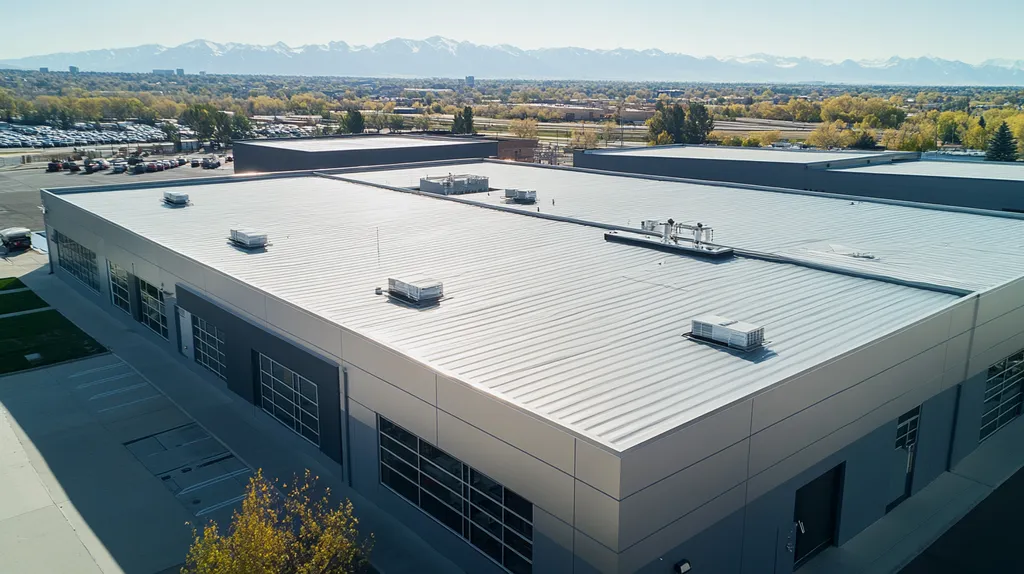 A commercial roof on a manufacturing plant in a location similar to Denver with a stainless steel aesthetic (AI image)