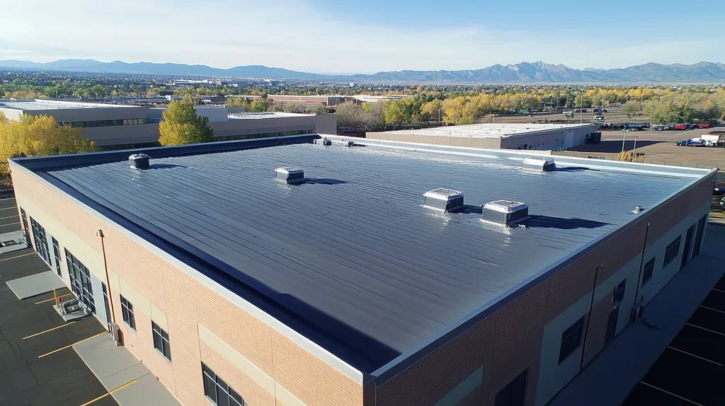 A commercial roof on a manufacturing plant in a location similar to Denver with a stainless steel aesthetic (AI image)