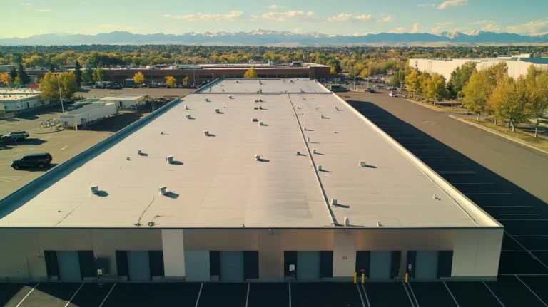 A commercial roof on a manufacturing plant in a location similar to Denver with a stainless steel aesthetic (AI image)