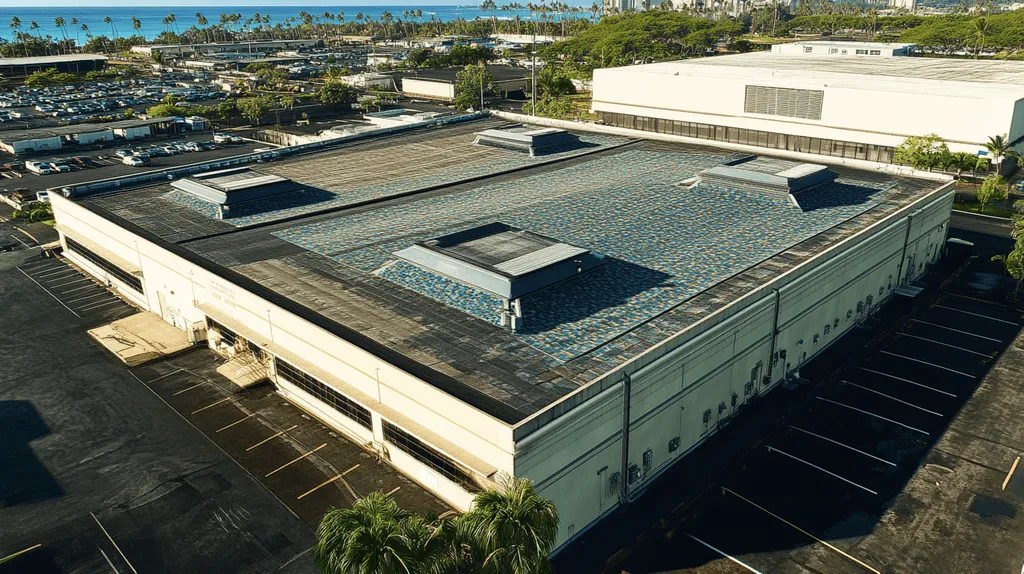 A commercial roof on a manufacturing plant in a location similar to Honolulu with a mosaic tile art aesthetic (AI image)