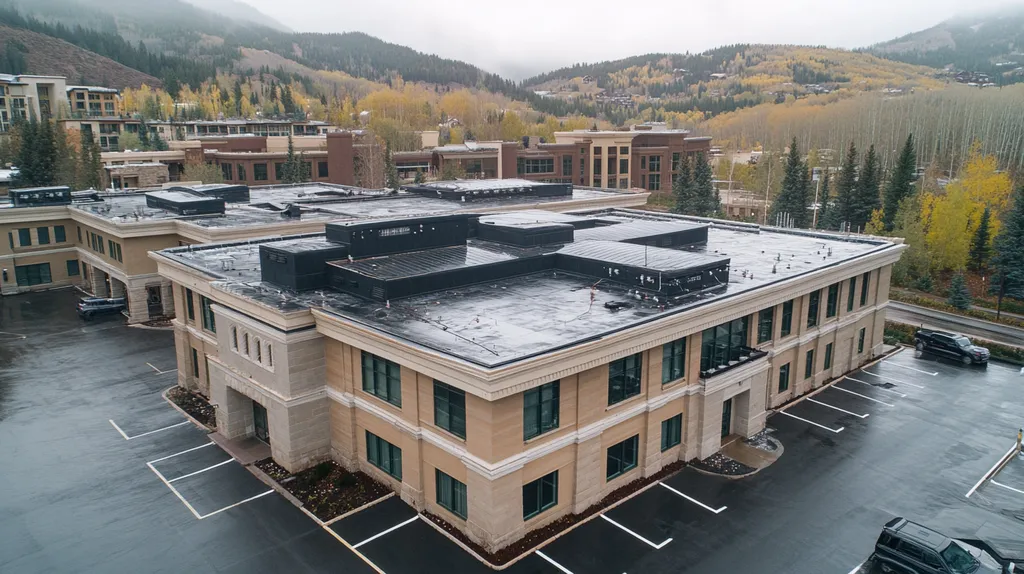 A commercial roof on a mid-rise in a location similar to Aspen with a rainy day aesthetic (AI image)