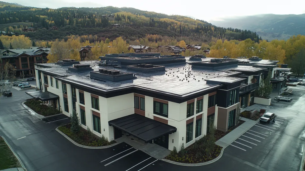 A commercial roof on a mid-rise in a location similar to Aspen with a rainy day aesthetic (AI image)