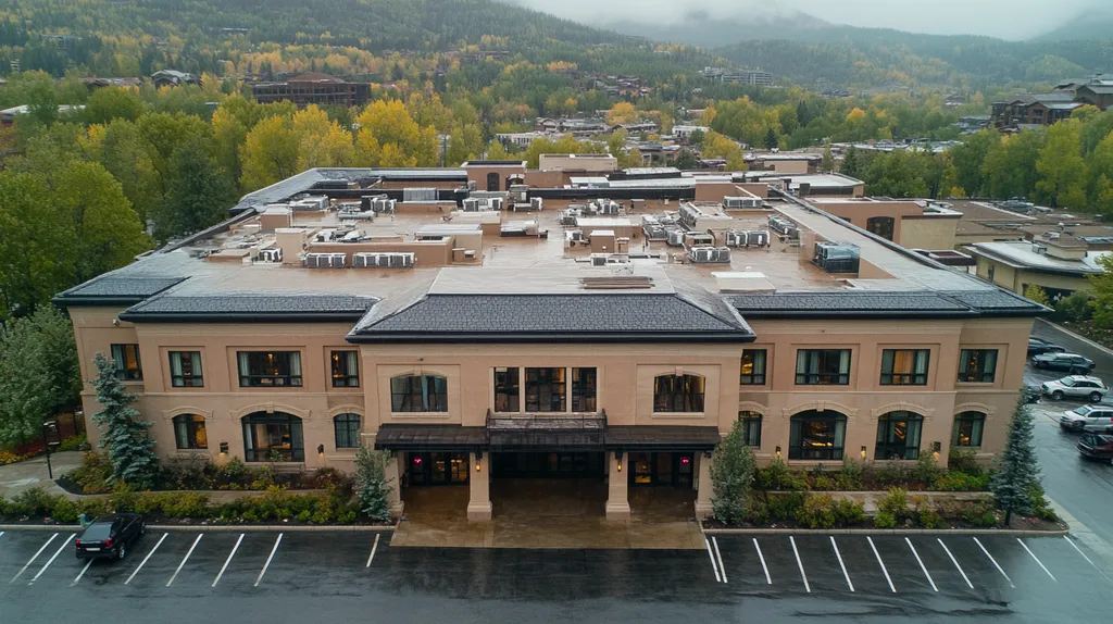 A commercial roof on a mid-rise in a location similar to Aspen with a rainy day aesthetic (AI image)