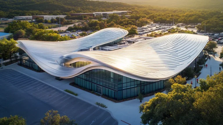 A commercial roof on a mid-rise in a location similar to Austin with a futuristic aesthetic (AI image)
