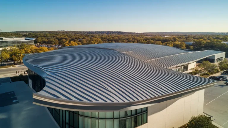 A commercial roof on a mid-rise building in a location similar to Austin with a futuristic aesthetic (AI image)