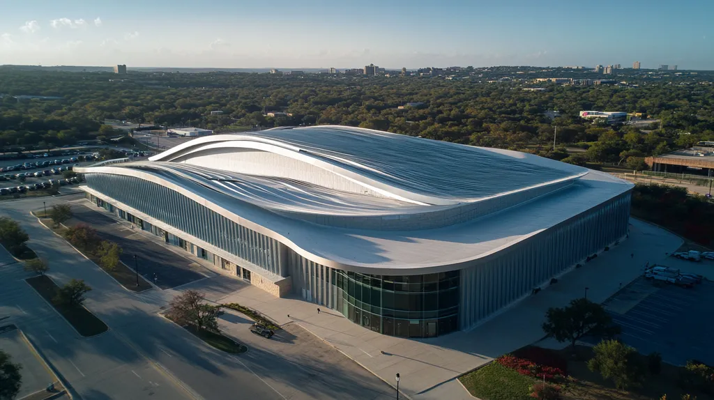 A commercial roof on a mid-rise in a location similar to Austin with a futuristic aesthetic (AI image)