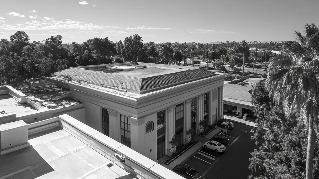 A commercial roof on a mid-rise in a location similar to Beverly Hills with a black and white photography aesthetic (AI image)