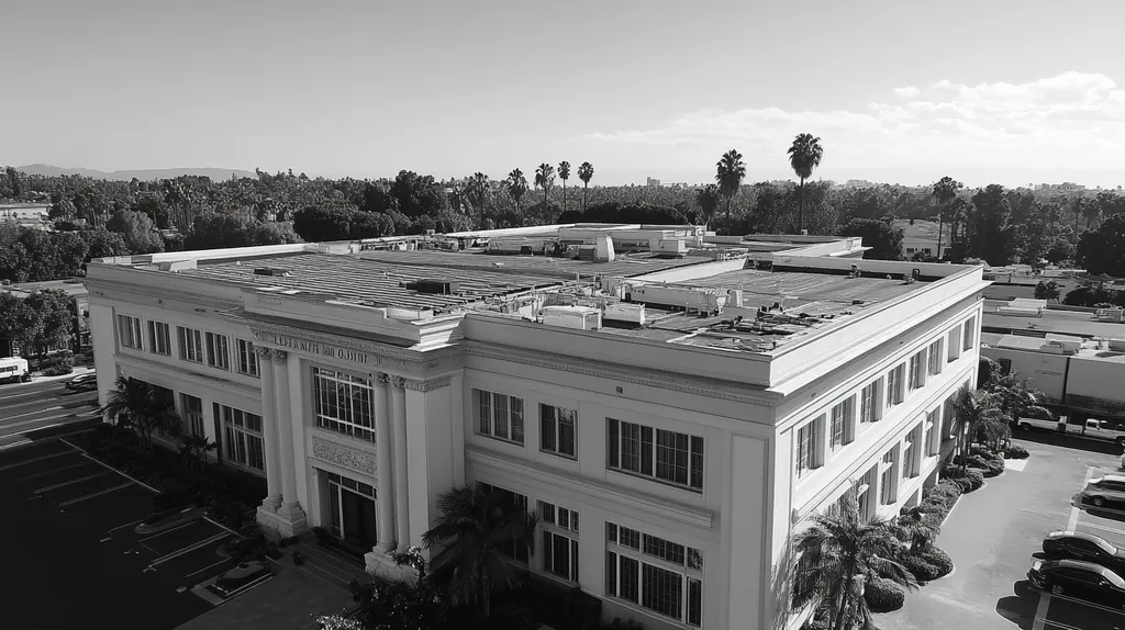A commercial roof on a mid-rise in a location similar to Beverly Hills with a black and white photography aesthetic (AI image)