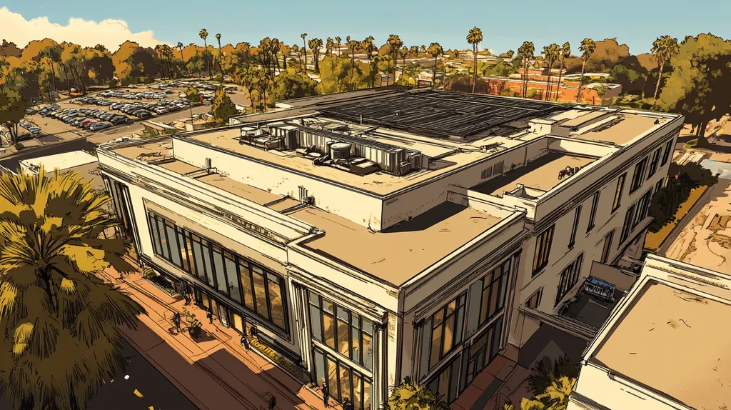 A commercial roof on a mid-rise in a location similar to Beverly Hills with a comic book style aesthetic (AI image)