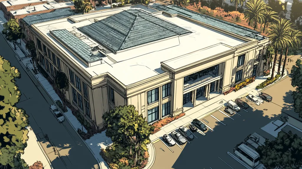A commercial roof on a mid-rise in a location similar to Beverly Hills with a comic book style aesthetic (AI image)