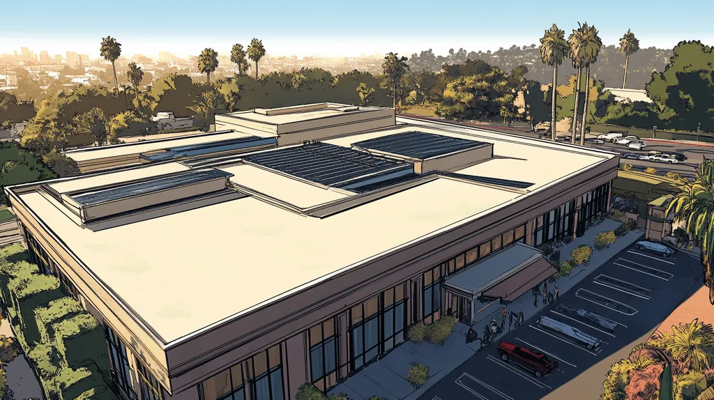 A commercial roof on a mid-rise in a location similar to Beverly Hills with a comic book style aesthetic (AI image)