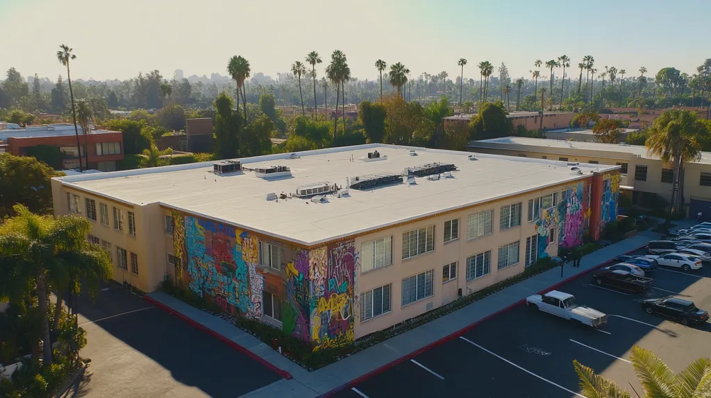 A commercial roof on a mid-rise in a location similar to Beverly Hills with a graffiti mural aesthetic (AI image)