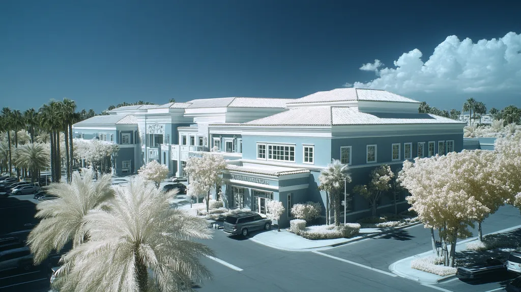 A commercial roof on a mid-rise building in a location similar to Beverly Hills with an infrared photography aesthetic (AI image)