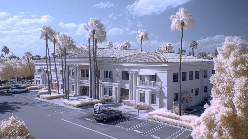 A commercial roof on a mid-rise in a location similar to Beverly Hills with an infrared photography aesthetic (AI image)