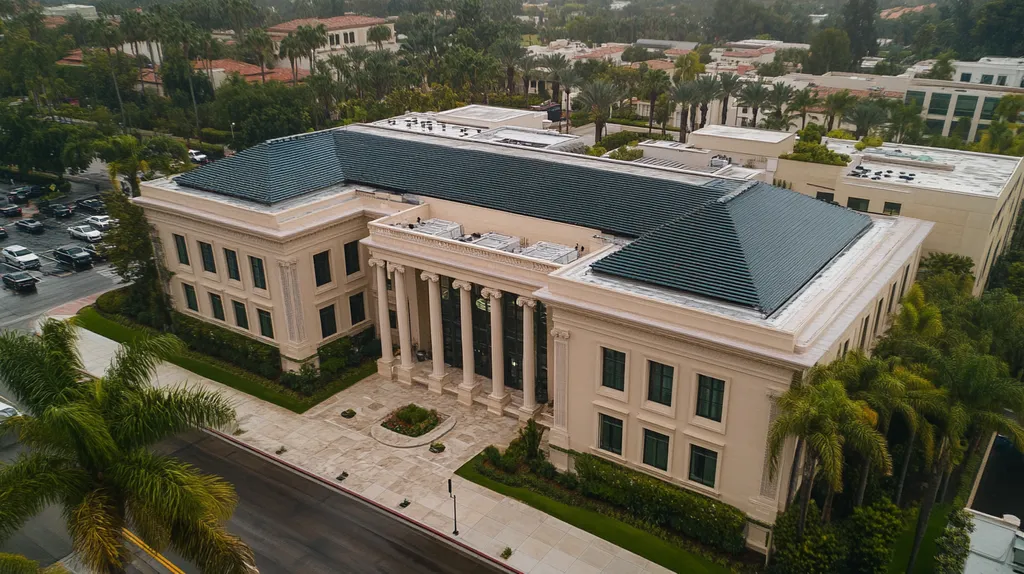 A commercial roof on a mid-rise in a location similar to Beverly Hills with a rainy day aesthetic (AI image)