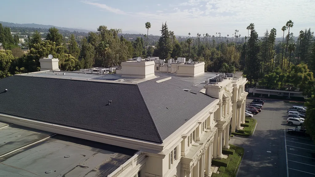 A commercial roof on a mid-rise in a location similar to Beverly Hills with a rainy day aesthetic (AI image)