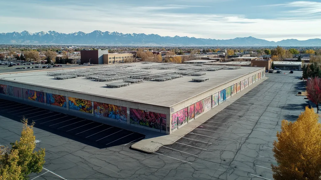 A commercial roof on a post office in a location similar to Denver with a graffiti mural aesthetic (AI image)