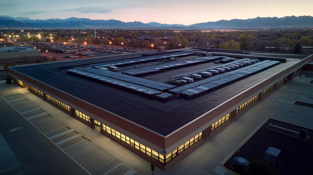 A commercial roof on a post office in a location similar to Denver with an illuminated nightscape aesthetic (AI image)