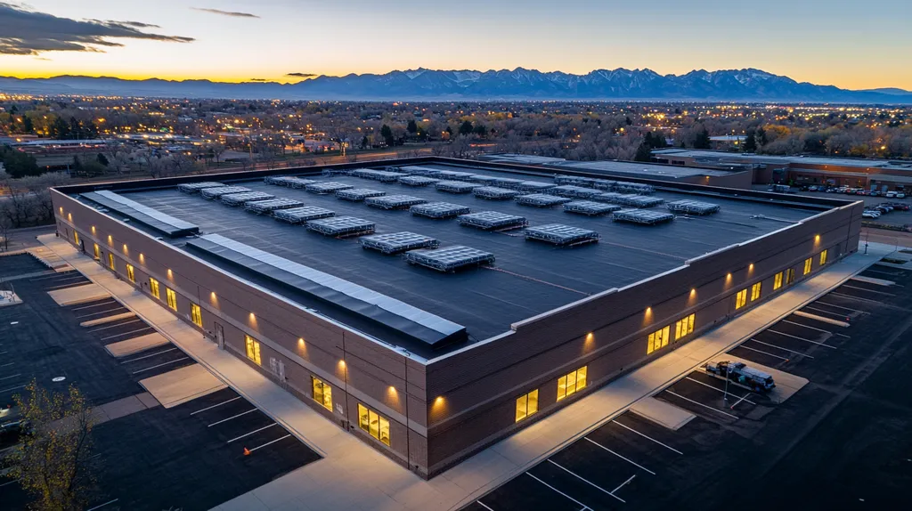 A commercial roof on a post office in a location similar to Denver with an illuminated nightscape aesthetic (AI image)