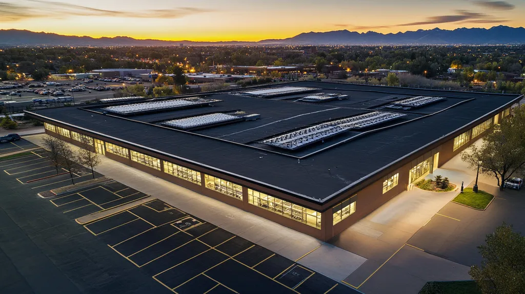 A commercial roof on a post office in a location similar to Denver with an illuminated nightscape aesthetic (AI image)