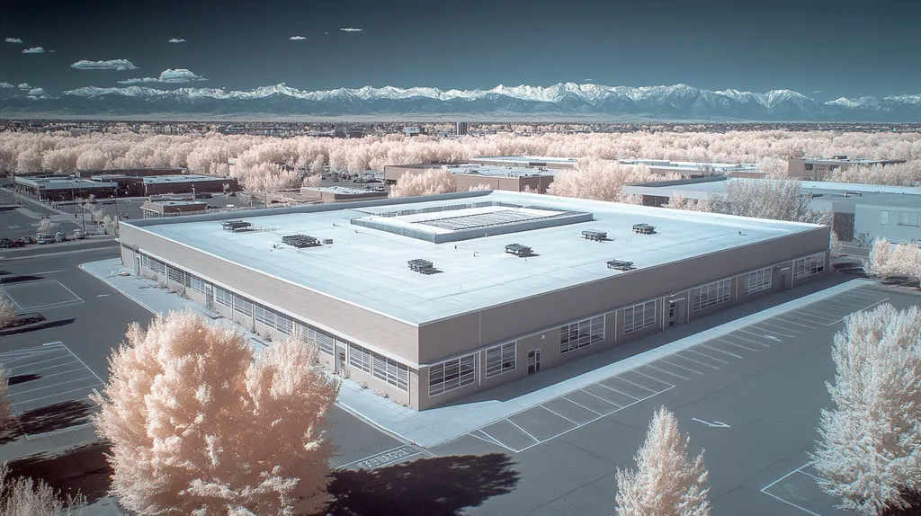 A commercial roof on a post office in a location similar to Denver with an infrared photography aesthetic (AI image)