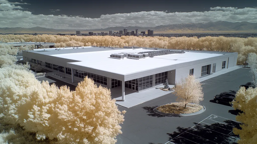 A commercial roof on a post office in a location similar to Denver with an infrared photography aesthetic (AI image)