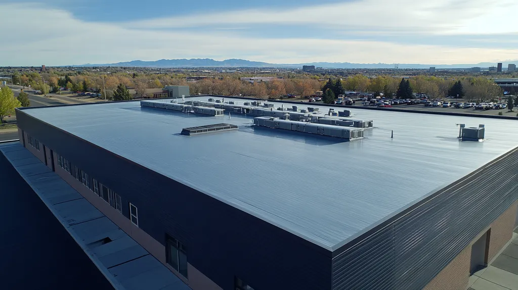 A commercial roof on a post office in a location similar to Denver with a stainless steel aesthetic (AI image)