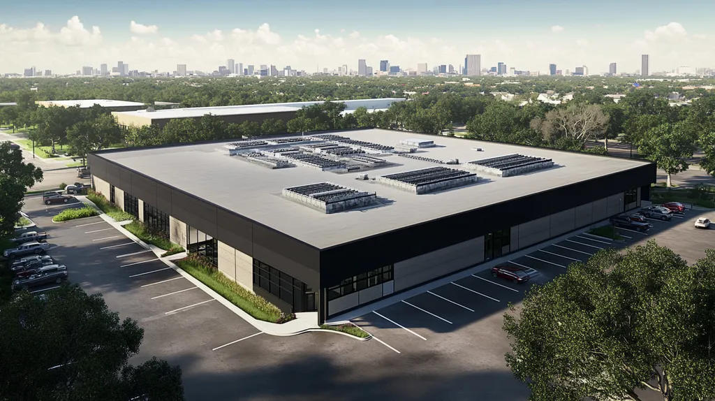 A commercial roof on a post office in a location similar to Houston with a comic book style aesthetic (AI image)