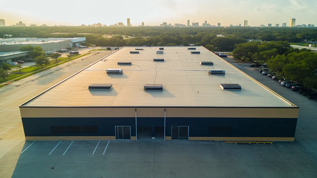 A commercial roof on a post office in a location similar to Houston with a cross-processed look aesthetic (AI image)