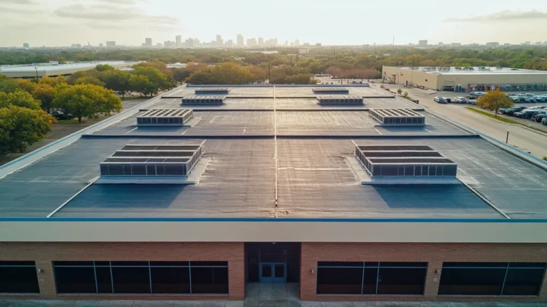 A commercial roof on a post office in a location similar to Houston with a cross-processed look aesthetic (AI image)