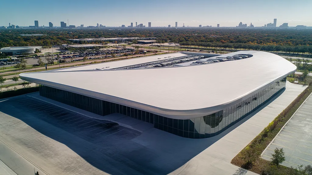 A commercial roof on a post office in a location similar to Houston with a futuristic aesthetic (AI image)