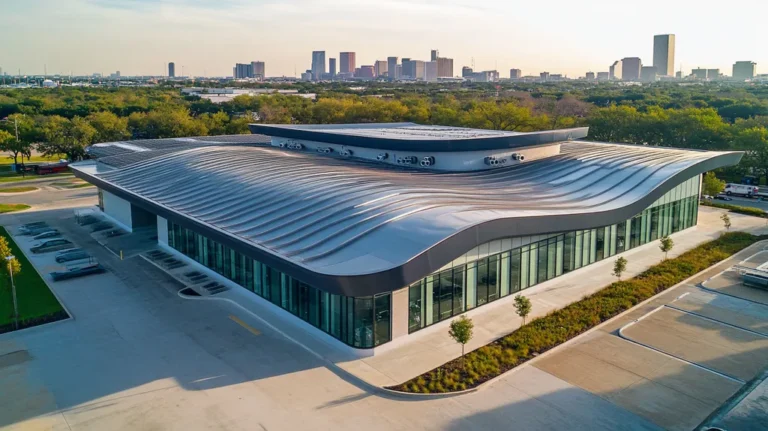 A commercial roof on a post office in a location similar to Houston with a futuristic aesthetic (AI image)