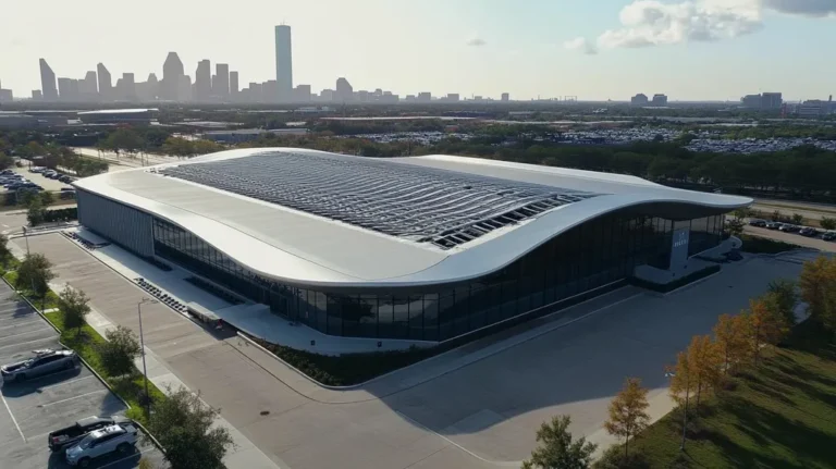 A commercial roof on a post office in a location similar to Houston with a futuristic aesthetic (AI image)