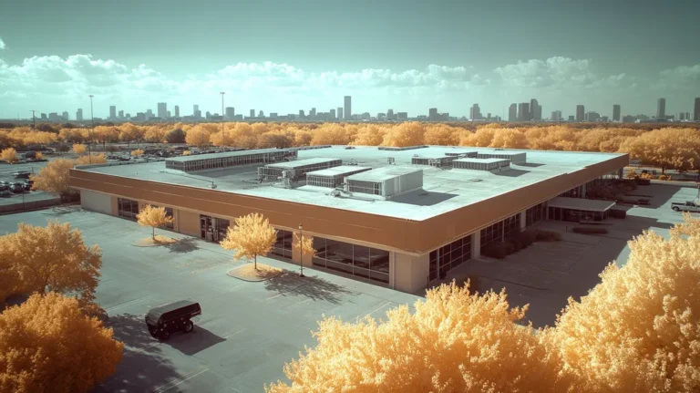 A commercial roof on a post office in a location similar to Houston with an infrared photography aesthetic (AI image)