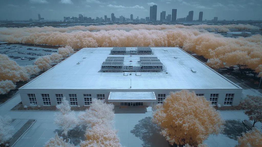 A commercial roof on a post office in a location similar to Houston with an infrared photography aesthetic (AI image)