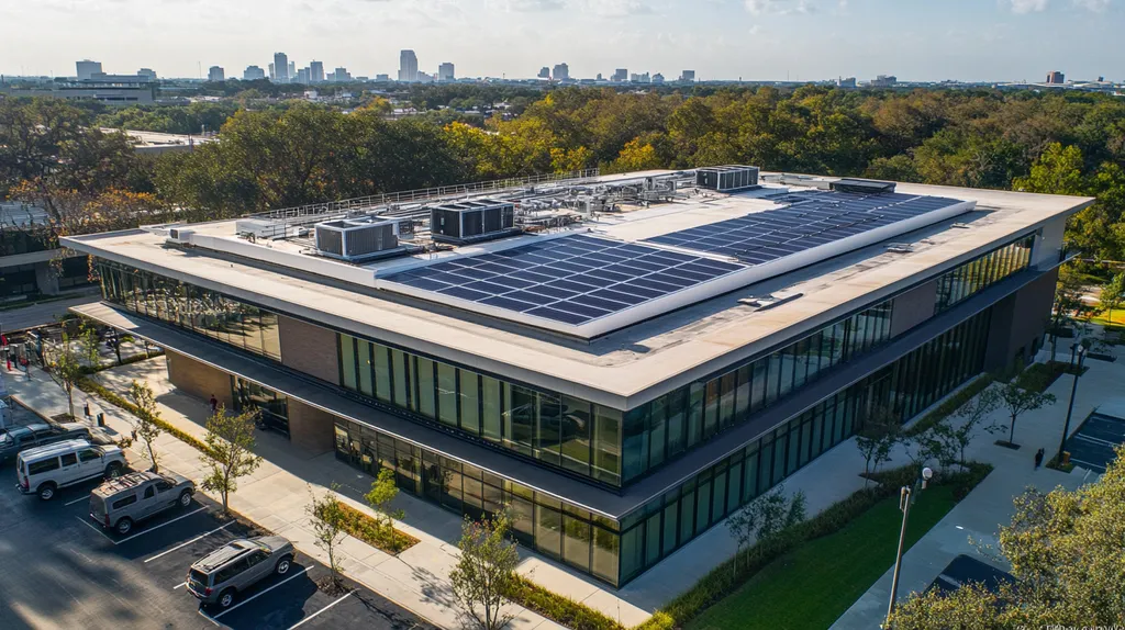 A commercial roof on a public library in a location similar to Houston with an architectural photography aesthetic (AI image)