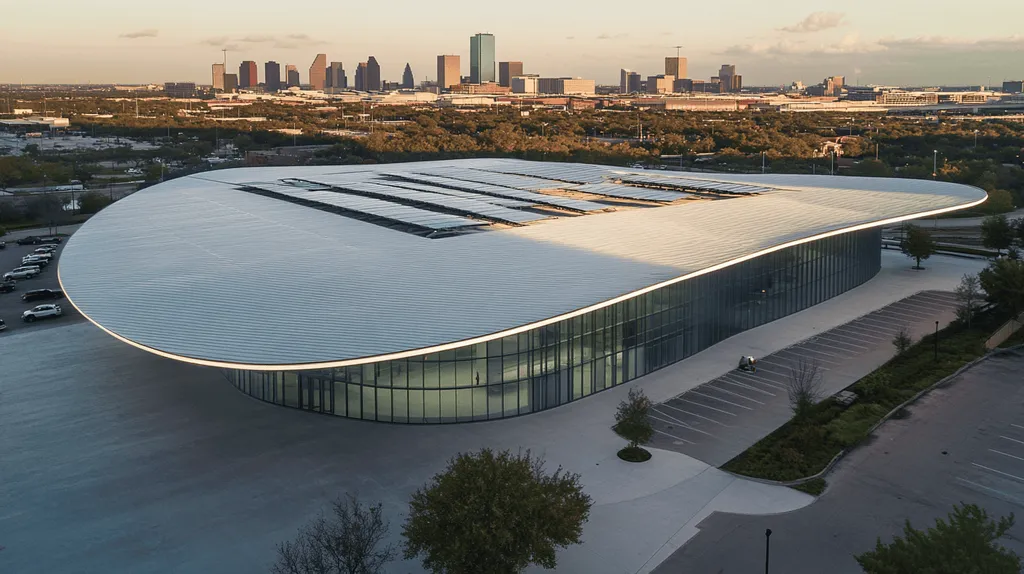 A commercial roof on a public library in a location similar to Houston with a futuristic aesthetic (AI image)