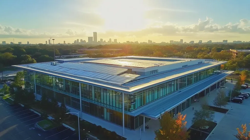 A commercial roof on a public library in a location similar to Houston with a light beams aesthetic (AI image)
