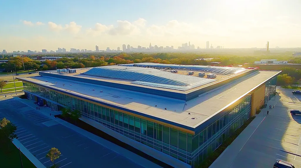 A commercial roof on a public library in a location similar to Houston with a light beams aesthetic (AI image)