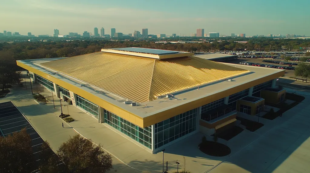 A commercial roof on a public library in a location similar to Houston with a solid gold aesthetic (AI image)