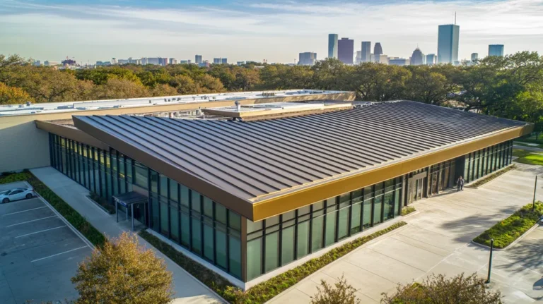 A commercial roof on a public library in a location similar to Houston with a solid gold aesthetic (AI image)